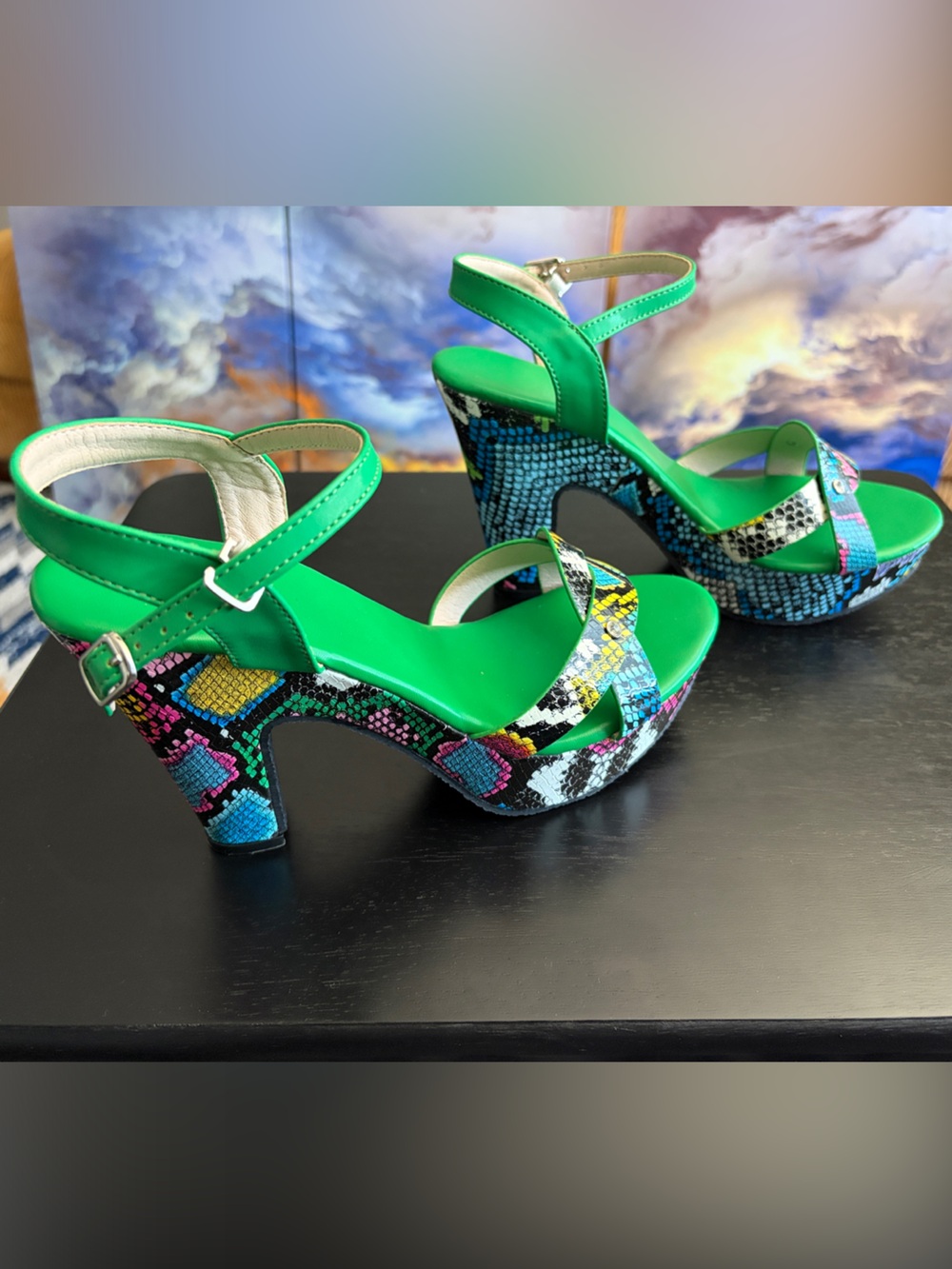 SHEIN Green Multicolor Snakeskin Platform Heels, EU Size 40, US Size 9